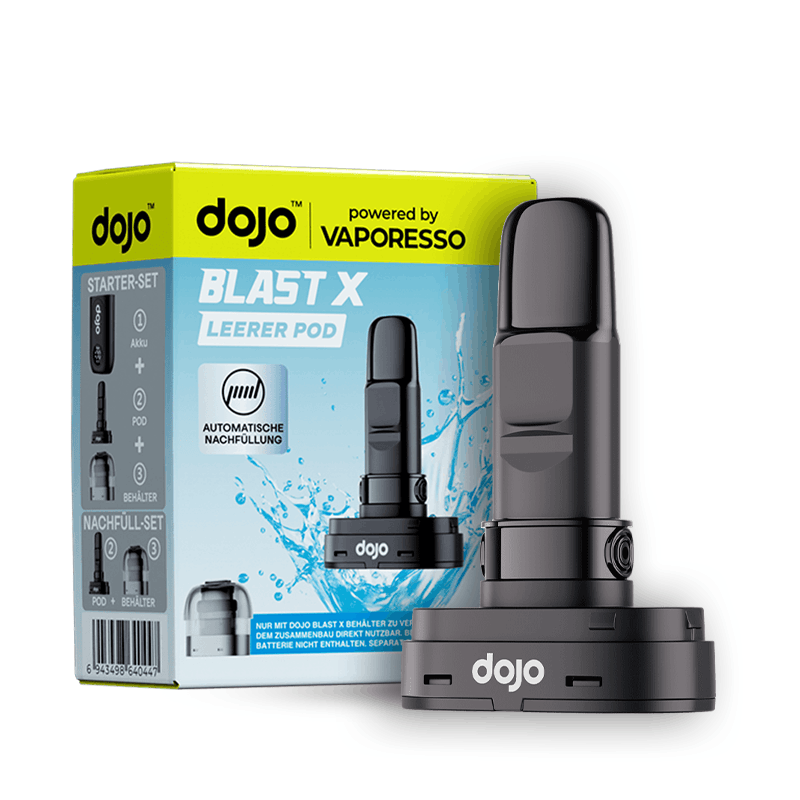 Vaporesso Dojo Blast X Leer-Pod (Dual Mesh Coil) neben Verpackung